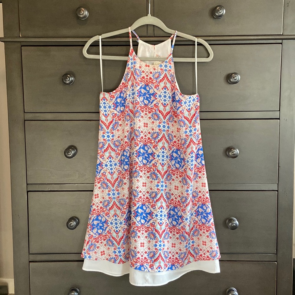 Red/blue patterned dress